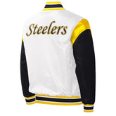 Pittsburgh Steelers Throwback Warm Up Pitch Black/White Varsity Satin Jacket - jnjjackets